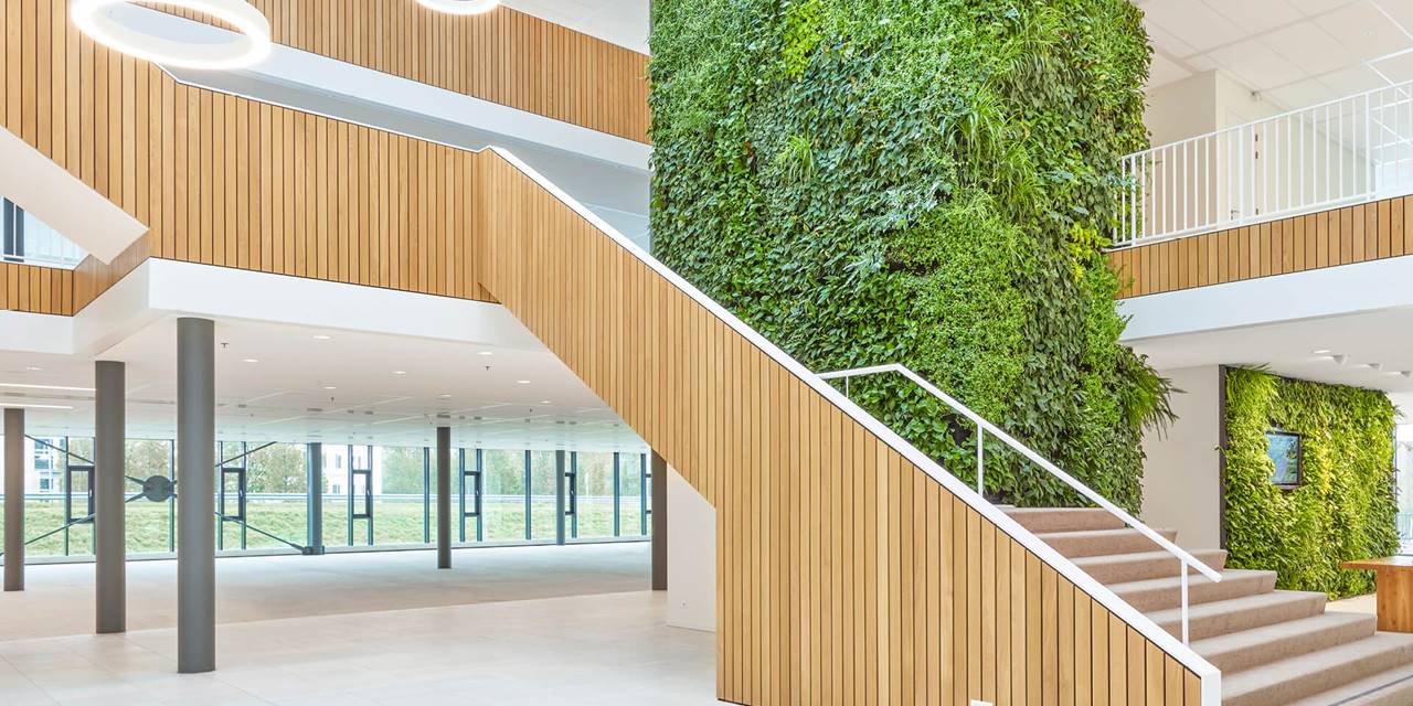 SHARE, Hoofddorp - We adviseerden dit bedrijf om een imponerende plantenwand te gebruiken als eyecatcher middenin de welkomsthal.. 