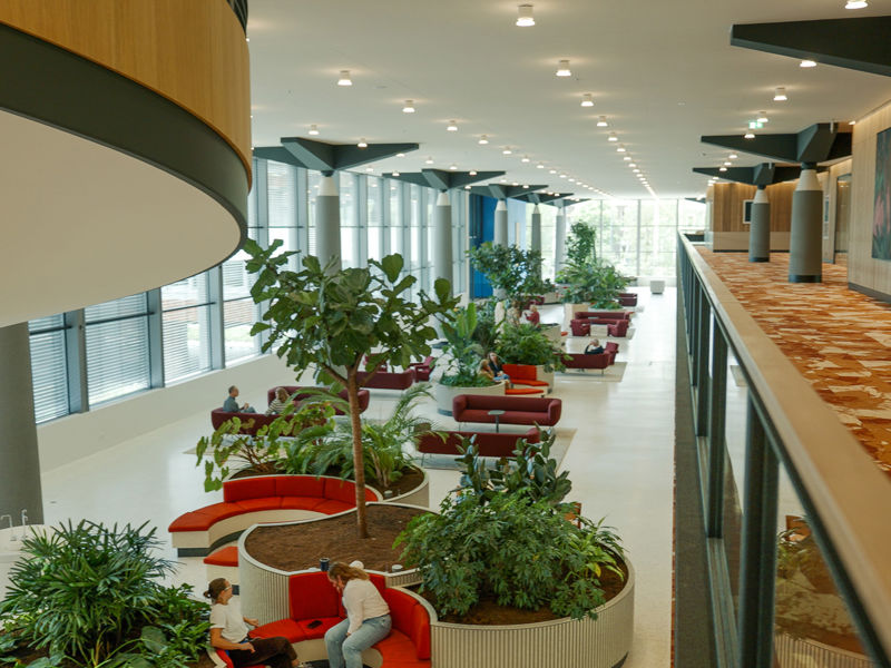 Een foto van ontvangsthal van De Nederlandse Bank waar heel veel planten te zien zijn